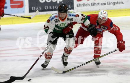 EBEL. Eishockey Bundesliga. KAC gegen 	Moser Medical Graz99ers. Marco Brucker,  (KAC), Aleksi Laakso (Graz). Klagenfurt, am 5.1.2018.
Foto: Kuess

---
pressefotos, pressefotografie, kuess, qs, qspictures, sport, bild, bilder, bilddatenbank