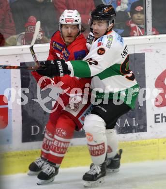 EBEL. Eishockey Bundesliga. KAC gegen 	Moser Medical Graz99ers. Manuel Geier,  (KAC), Clemens Unterweger (Graz). Klagenfurt, am 5.1.2018.
Foto: Kuess

---
pressefotos, pressefotografie, kuess, qs, qspictures, sport, bild, bilder, bilddatenbank