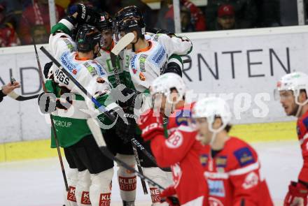 EBEL. Eishockey Bundesliga. KAC gegen 	Moser Medical Graz99ers. Torjubel Daniel Woger, Evan Brophey, Brock Higgs, Daniel Oberkofler (Graz). Klagenfurt, am 5.1.2018.
Foto: Kuess

---
pressefotos, pressefotografie, kuess, qs, qspictures, sport, bild, bilder, bilddatenbank