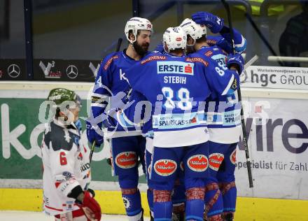 EBEL. Eishockey Bundesliga. EC VSV gegen HCB Suedtirol Alperia. Torjubel Miha Verlic, Istvan Sofron, Samuel Labrecque, Miha Stebih, Kyle Beach (VSV). Villach, am 7.1.2018.
Foto: Kuess 


---
pressefotos, pressefotografie, kuess, qs, qspictures, sport, bild, bilder, bilddatenbank