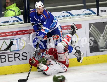 EBEL. Eishockey Bundesliga. EC VSV gegen HCB Suedtirol Alperia. Robert Flick, (VSV), Viktor Schweitzer  (Bozen). Villach, am 7.1.2018.
Foto: Kuess 


---
pressefotos, pressefotografie, kuess, qs, qspictures, sport, bild, bilder, bilddatenbank