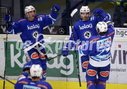 EBEL. Eishockey Bundesliga. EC VSV gegen HCB Suedtirol Alperia. Torjubel Miha Verlic, Istvan Sofron, Samuel Labrecque (VSV). Villach, am 7.1.2018.
Foto: Kuess 


---
pressefotos, pressefotografie, kuess, qs, qspictures, sport, bild, bilder, bilddatenbank