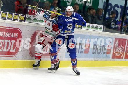 EBEL. Eishockey Bundesliga. EC VSV gegen HCB Suedtirol Alperia. Jordan Hickmott, (VSV), Daniel Glira (Bozen). Villach, am 7.1.2018.
Foto: Kuess 


---
pressefotos, pressefotografie, kuess, qs, qspictures, sport, bild, bilder, bilddatenbank