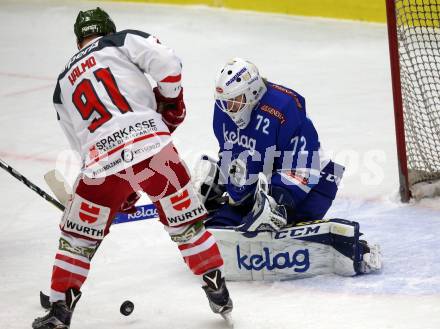 EBEL. Eishockey Bundesliga. EC VSV gegen HCB Suedtirol Alperia. Lukas Herzog,  (VSV), Michael Halmo (Bozen). Villach, am 7.1.2018.
Foto: Kuess 


---
pressefotos, pressefotografie, kuess, qs, qspictures, sport, bild, bilder, bilddatenbank