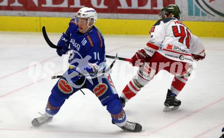 EBEL. Eishockey Bundesliga. EC VSV gegen HCB Suedtirol Alperia. Robert Flick,  (VSV), Dominic Monardo (Bozen). Villach, am 7.1.2018.
Foto: Kuess 


---
pressefotos, pressefotografie, kuess, qs, qspictures, sport, bild, bilder, bilddatenbank