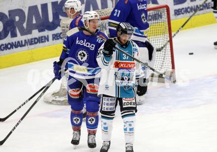 EBEL. Eishockey Bundesliga. EC VSV gegen EHC Liwest Black Wings Linz. Robert Flick, (VSV), Andreas Kristler  (Linz). Villach, am 19.1.2018.
Foto: Kuess 


---
pressefotos, pressefotografie, kuess, qs, qspictures, sport, bild, bilder, bilddatenbank