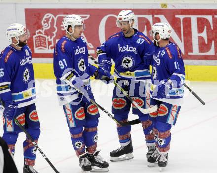 EBEL. Eishockey Bundesliga. EC VSV gegen EHC Liwest Black Wings Linz. Torjubel Ryan Glenn, Andrew Sarauer, Miha Verlic, Nikolas Petrik (VSV). Villach, am 19.1.2018.
Foto: Kuess 


---
pressefotos, pressefotografie, kuess, qs, qspictures, sport, bild, bilder, bilddatenbank