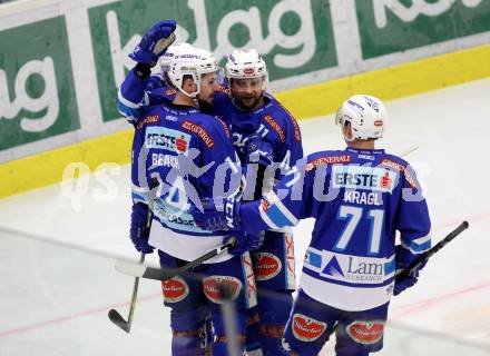 EBEL. Eishockey Bundesliga. EC VSV gegen EHC Liwest Black Wings Linz. Torjubel Jordan Hickmott, Kyle Beach, Ben Walter, Gerd Kragl (VSV). Villach, am 19.1.2018.
Foto: Kuess 


---
pressefotos, pressefotografie, kuess, qs, qspictures, sport, bild, bilder, bilddatenbank