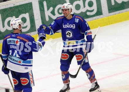 EBEL. Eishockey Bundesliga. EC VSV gegen EHC Liwest Black Wings Linz. Torjubel Jordan Hickmott, Kyle Beach (VSV). Villach, am 19.1.2018.
Foto: Kuess 


---
pressefotos, pressefotografie, kuess, qs, qspictures, sport, bild, bilder, bilddatenbank