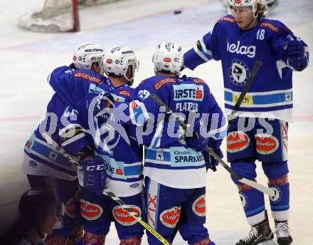 EBEL. Eishockey Bundesliga. EC VSV gegen EHC Liwest Black Wings Linz. Torjubel Nikolas Petrik, Ryan Glenn, Valentin Leiler, Patrick Platzer (VSV). Villach, am 19.1.2018.
Foto: Kuess 


---
pressefotos, pressefotografie, kuess, qs, qspictures, sport, bild, bilder, bilddatenbank