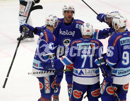 EBEL. Eishockey Bundesliga. EC VSV gegen EHC Liwest Black Wings Linz. Torjubel Istvan Sofron, Glenn Ryan, Gerd Kragl, Miha Verlic (VSV). Villach, am 19.1.2018.
Foto: Kuess 


---
pressefotos, pressefotografie, kuess, qs, qspictures, sport, bild, bilder, bilddatenbank
