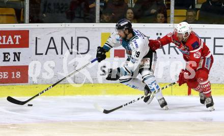 EBEL. Eishockey Bundesliga. KAC gegen 	EHC Liwest Black Wings Linz. Jonathan Rheault,  (KAC), Joel Broda (Linz). Klagenfurt, am 21.1.2018.
Foto: Kuess

---
pressefotos, pressefotografie, kuess, qs, qspictures, sport, bild, bilder, bilddatenbank