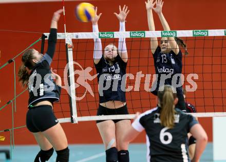Volleyball 2. Bundesliga Frauen. VBK Woerthersee Loewen Klagenfurt gegen Volleys Brueckl.  Stockhammer Lena, Jana Sliskovic (Klagenfurt), Victoria Krall  (Brueckl). Klagenfurt, am 20.1.2018. 
Foto: Kuess
---
pressefotos, pressefotografie, kuess, qs, qspictures, sport, bild, bilder, bilddatenbank