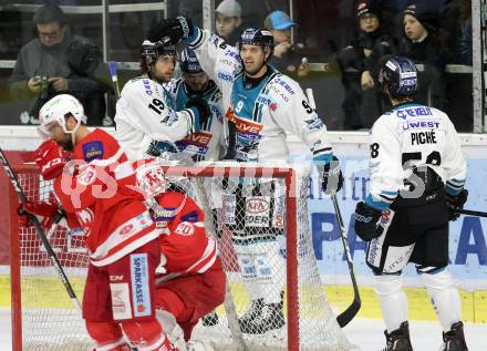 EBEL. Eishockey Bundesliga. KAC gegen 	EHC Liwest Black Wings Linz. Torjubel Andreas Kristler, Rick Schofield, Joel Broda, Sebastien Piche (Linz). Klagenfurt, am 21.1.2018.
Foto: Kuess

---
pressefotos, pressefotografie, kuess, qs, qspictures, sport, bild, bilder, bilddatenbank