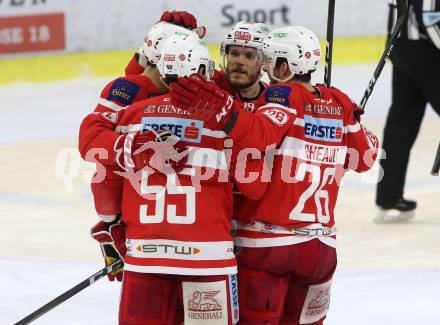 EBEL. Eishockey Bundesliga. KAC gegen 	EHC Liwest Black Wings Linz. Torjubel Stefan Geier, Manuel Geier, Mitja Robar, Jonathan Rheault (KAC). Klagenfurt, am 21.1.2018.
Foto: Kuess

---
pressefotos, pressefotografie, kuess, qs, qspictures, sport, bild, bilder, bilddatenbank