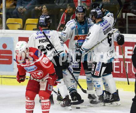 EBEL. Eishockey Bundesliga. KAC gegen 	EHC Liwest Black Wings Linz. Torjubel Rick Schofield, Joel Broda, Dan Dasilva, Jonathan D Aversa, Sebastien Piche (Linz). Klagenfurt, am 21.1.2018.
Foto: Kuess

---
pressefotos, pressefotografie, kuess, qs, qspictures, sport, bild, bilder, bilddatenbank