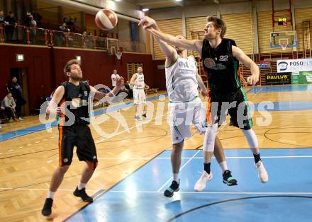 Basketball 2. Bundesliga. Grunddurchgang. 16. Runde. KOS Celovec gegen Basket Flames. Jakob Strazar (KOS), Maximilian Huebner, Christian Kuenstner  (Basket Flames). Klagenfurt, am 20.1.2018.
Foto: Kuess
---
pressefotos, pressefotografie, kuess, qs, qspictures, sport, bild, bilder, bilddatenbank