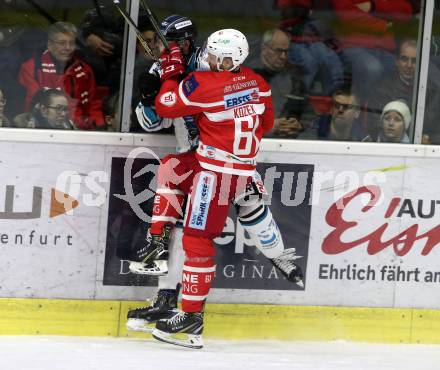 EBEL. Eishockey Bundesliga. KAC gegen 	EHC Liwest Black Wings Linz. Andrew Jacob Kozek, (KAC), Jonathan D Aversa  (Linz). Klagenfurt, am 21.1.2018.
Foto: Kuess

---
pressefotos, pressefotografie, kuess, qs, qspictures, sport, bild, bilder, bilddatenbank