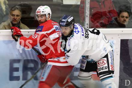 EBEL. Eishockey Bundesliga. KAC gegen 	EHC Liwest Black Wings Linz. Martin Schumnig,  (KAC), Rick Schofield (Linz). Klagenfurt, am 21.1.2018.
Foto: Kuess

---
pressefotos, pressefotografie, kuess, qs, qspictures, sport, bild, bilder, bilddatenbank