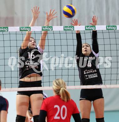 Volleyball 2. Bundesliga Frauen. VBK Woerthersee Loewen Klagenfurt gegen Volleys Brueckl.  Leonie Unterberger, Victoria Krall (Brueckl). Klagenfurt, am 20.1.2018. 
Foto: Kuess
---
pressefotos, pressefotografie, kuess, qs, qspictures, sport, bild, bilder, bilddatenbank