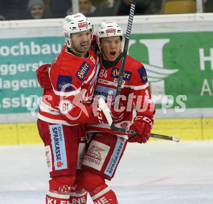 EBEL. Eishockey Bundesliga. KAC gegen 	EHC Liwest Black Wings Linz. Torjubel Andrew Jacob Kozek, Ramon Schnetzer (KAC). Klagenfurt, am 21.1.2018.
Foto: Kuess

---
pressefotos, pressefotografie, kuess, qs, qspictures, sport, bild, bilder, bilddatenbank