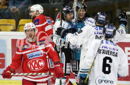 EBEL. Eishockey Bundesliga. KAC gegen 	EHC Liwest Black Wings Linz. Torjubel Rick Schofield, Joel Broda, Dan Dasilva, Jonathan D Aversa (Linz). Klagenfurt, am 21.1.2018.
Foto: Kuess

---
pressefotos, pressefotografie, kuess, qs, qspictures, sport, bild, bilder, bilddatenbank