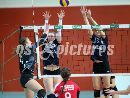 Volleyball 2. Bundesliga Frauen. VBK Woerthersee Loewen Klagenfurt gegen Volleys Brueckl. Stockhammer Lena, Jana Sliskovic (Klagenfurt), Victoria Krall  (Brueckl). Klagenfurt, am 20.1.2018. 
Foto: Kuess
---
pressefotos, pressefotografie, kuess, qs, qspictures, sport, bild, bilder, bilddatenbank
