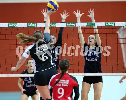Volleyball 2. Bundesliga Frauen. VBK Woerthersee Loewen Klagenfurt gegen Volleys Brueckl. Anna Lena Triebel, Laura Hintermann (Klagenfurt),  Lisa Kienberger (Brueckl). Klagenfurt, am 20.1.2018. 
Foto: Kuess
---
pressefotos, pressefotografie, kuess, qs, qspictures, sport, bild, bilder, bilddatenbank