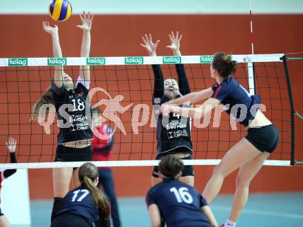 Volleyball 2. Bundesliga Frauen. VBK Woerthersee Loewen Klagenfurt gegen Volleys Brueckl. PSCHENITSCHNIG Sandra (Klagenfurt), Manuela Rabitsch, Victoria Krall (Brueckl). Klagenfurt, am 20.1.2018. 
Foto: Kuess
---
pressefotos, pressefotografie, kuess, qs, qspictures, sport, bild, bilder, bilddatenbank