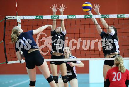 Volleyball 2. Bundesliga Frauen. VBK Woerthersee Loewen Klagenfurt gegen Volleys Brueckl. Amelie Lippitsch (Klagenfurt),  Valentina Probst, Leonie Unterberger (Brueckl). Klagenfurt, am 20.1.2018. 
Foto: Kuess
---
pressefotos, pressefotografie, kuess, qs, qspictures, sport, bild, bilder, bilddatenbank