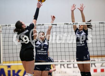Volleyball Bundesliga. Frauen. SG Kelag Klagenfurt gegen SG VB NOE Sokol/Post.  Tatjana Rajic, Nikolina Bajic  (Klagenfurt), Irena Mishonova (Post). Klagenfurt, am 24.1.2018.
Foto: Kuess
---
pressefotos, pressefotografie, kuess, qs, qspictures, sport, bild, bilder, bilddatenbank