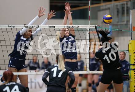 Volleyball Bundesliga. Frauen. SG Kelag Klagenfurt gegen SG VB NOE Sokol/Post.  Noemi Laureen Oiwoh, Tatjana Rajic (Klagenfurt), Paula Kubova  (Post). Klagenfurt, am 24.1.2018.
Foto: Kuess
---
pressefotos, pressefotografie, kuess, qs, qspictures, sport, bild, bilder, bilddatenbank