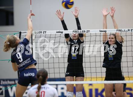 Volleyball Bundesliga. Frauen. SG Kelag Klagenfurt gegen SG VB NOE Sokol/Post.  Maria Alexandra Epure (Klagenfurt), Jovana Gogic, Cornelia Rimser  (Post). Klagenfurt, am 24.1.2018.
Foto: Kuess
---
pressefotos, pressefotografie, kuess, qs, qspictures, sport, bild, bilder, bilddatenbank