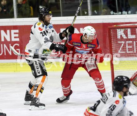 EBEL. Eishockey Bundesliga. KAC gegen 	Dornbirn Bulldogs. Jamie Lundmark,  (KAC), Michael Caruso (Dornbirn). Klagenfurt, am 26.1.2018.
Foto: Kuess

---
pressefotos, pressefotografie, kuess, qs, qspictures, sport, bild, bilder, bilddatenbank