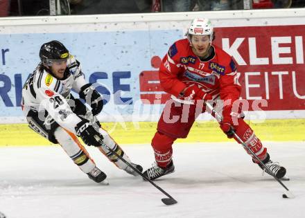 EBEL. Eishockey Bundesliga. KAC gegen 	Dornbirn Bulldogs. Manuel Ganahl  (KAC), Brian Connelly (Dornbirn). Klagenfurt, am 26.1.2018.
Foto: Kuess

---
pressefotos, pressefotografie, kuess, qs, qspictures, sport, bild, bilder, bilddatenbank