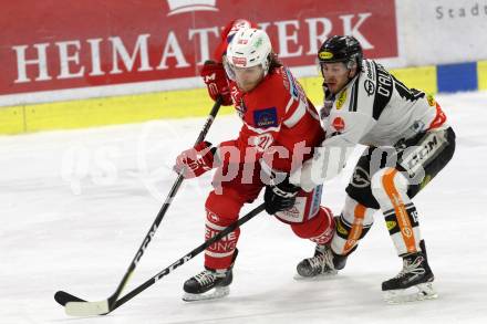 EBEL. Eishockey Bundesliga. KAC gegen 	Dornbirn Bulldogs. Manuel Geier, (KAC), Christopher DAlvise (Dornbirn). Klagenfurt, am 26.1.2018.
Foto: Kuess

---
pressefotos, pressefotografie, kuess, qs, qspictures, sport, bild, bilder, bilddatenbank