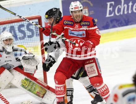 EBEL. Eishockey Bundesliga. KAC gegen 	Dornbirn Bulldogs. Jonathan Rheault,  (KAC), Juha Rinne (Dornbirn). Klagenfurt, am 26.1.2018.
Foto: Kuess

---
pressefotos, pressefotografie, kuess, qs, qspictures, sport, bild, bilder, bilddatenbank