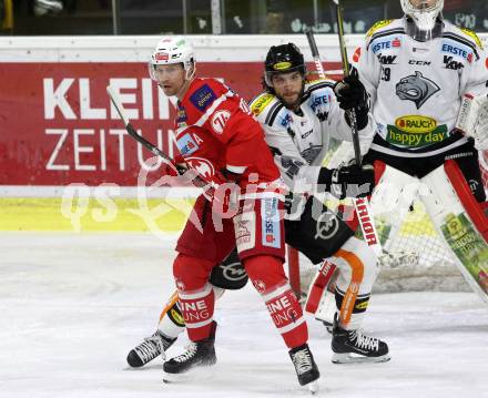 EBEL. Eishockey Bundesliga. KAC gegen 	Dornbirn Bulldogs. Jamie Lundmark,  (KAC), Michael Caruso (Dornbirn). Klagenfurt, am 26.1.2018.
Foto: Kuess

---
pressefotos, pressefotografie, kuess, qs, qspictures, sport, bild, bilder, bilddatenbank