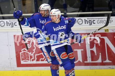 EBEL. Eishockey Bundesliga. EC VSV gegen Vienna Capitals. Torjubel Jordan Hickmott, Miha Stebih (VSV). Villach, am 26.1.2018.
Foto: Kuess 


---
pressefotos, pressefotografie, kuess, qs, qspictures, sport, bild, bilder, bilddatenbank