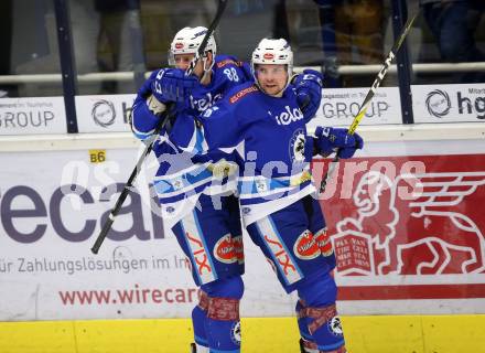 EBEL. Eishockey Bundesliga. EC VSV gegen Vienna Capitals. Torjubel Jordan Hickmott, Miha Stebih (VSV). Villach, am 26.1.2018.
Foto: Kuess 


---
pressefotos, pressefotografie, kuess, qs, qspictures, sport, bild, bilder, bilddatenbank