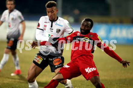Fussball tipico Bundesliga. RZ Pellets WAC gegen Cashpoint SCR Altach. Igor Julio Dos Santos De Paulo (WAC), Louis Clement Ngwat Mahop (Altach). Wolfsberg, am 3.2.2018.
Foto: Kuess

---
pressefotos, pressefotografie, kuess, qs, qspictures, sport, bild, bilder, bilddatenbank
