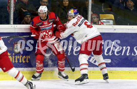 EBEL. Eishockey Bundesliga. KAC gegen 	Redbull Salzburg. Johannes Bischofberger (KAC), Alexander Pallestrang (Salzburg). Klagenfurt, am 4.2.2018.
Foto: Kuess

---
pressefotos, pressefotografie, kuess, qs, qspictures, sport, bild, bilder, bilddatenbank