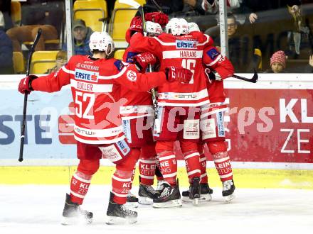EBEL. Eishockey Bundesliga. KAC gegen 	Redbull Salzburg. Torjubel Mitja Robar, Marco Richter, Patrick Harand, Christoph Duller (KAC). Klagenfurt, am 4.2.2018.
Foto: Kuess

---
pressefotos, pressefotografie, kuess, qs, qspictures, sport, bild, bilder, bilddatenbank
