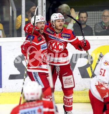 EBEL. Eishockey Bundesliga. KAC gegen 	Redbull Salzburg. Torjubel Jonathan Rheault, Stefan Geier (KAC). Klagenfurt, am 4.2.2018.
Foto: Kuess

---
pressefotos, pressefotografie, kuess, qs, qspictures, sport, bild, bilder, bilddatenbank