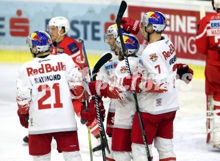EBEL. Eishockey Bundesliga. KAC gegen 	Redbull Salzburg. Torjubel Raymond Bobby, Generous Matthew, Duncan Ryan, Cijan Alexander (Salzburg). Klagenfurt, am 4.2.2018.
Foto: Kuess

---
pressefotos, pressefotografie, kuess, qs, qspictures, sport, bild, bilder, bilddatenbank