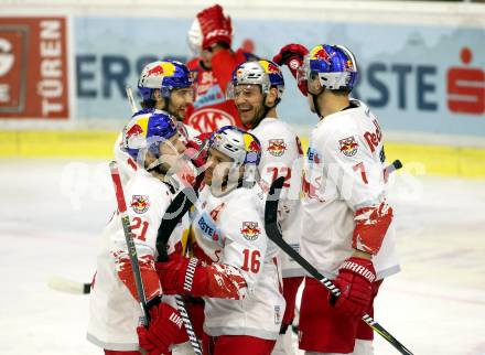 EBEL. Eishockey Bundesliga. KAC gegen 	Redbull Salzburg. Torjubel Raymond Bobby, Generous Matthew, Duncan Ryan, Cijan Alexander, Raphael Herburger (Salzburg). Klagenfurt, am 4.2.2018.
Foto: Kuess

---
pressefotos, pressefotografie, kuess, qs, qspictures, sport, bild, bilder, bilddatenbank