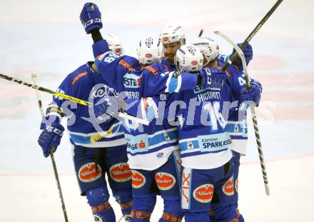 EBEL. Eishockey Bundesliga. EC VSV gegen HC Orli Znojmo. Torjubel Istvan Sofron, Jordan Hickmott, Ryan Glenn, Andrew Sarauer (VSV). Villach, am 8.2.2018.
Foto: Kuess 


---
pressefotos, pressefotografie, kuess, qs, qspictures, sport, bild, bilder, bilddatenbank