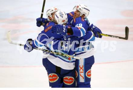 EBEL. Eishockey Bundesliga. EC VSV gegen HC Orli Znojmo. Torjubel Istvan Sofron, Jordan Hickmott, Ryan Glenn (VSV). Villach, am 8.2.2018.
Foto: Kuess 


---
pressefotos, pressefotografie, kuess, qs, qspictures, sport, bild, bilder, bilddatenbank