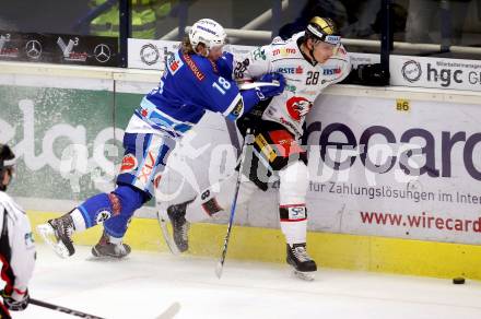 EBEL. Eishockey Bundesliga. EC VSV gegen HC Orli Znojmo. Valentin Leiler (VSV), Marek Biro (Znaim). Villach, am 8.2.2018.
Foto: Kuess 


---
pressefotos, pressefotografie, kuess, qs, qspictures, sport, bild, bilder, bilddatenbank