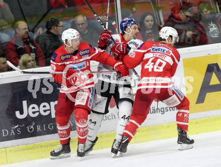 EBEL. Eishockey Bundesliga. KAC gegen 	HC TWK Innsbruck. Jullian Talbot, Jamie Lundmark,  (KAC), Sacha Guimond (Innsbruck). Klagenfurt, am 11.2.2018.
Foto: Kuess

---
pressefotos, pressefotografie, kuess, qs, qspictures, sport, bild, bilder, bilddatenbank